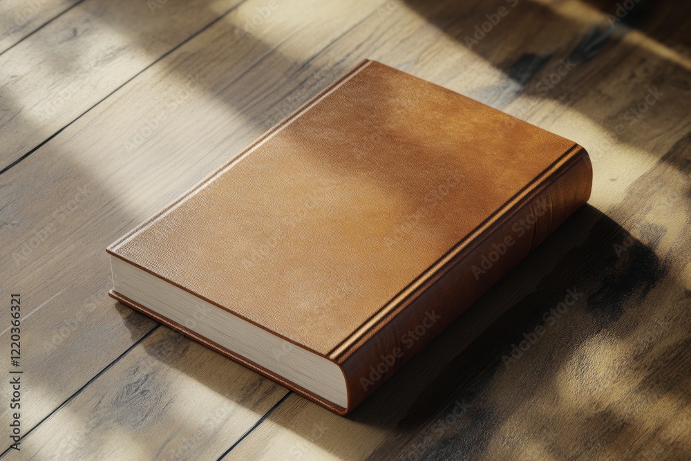 Brown Leather Book on Wooden Table Surrounded by Soft Light Brown Leather Book on Wooden Table Surrounded by Soft Light