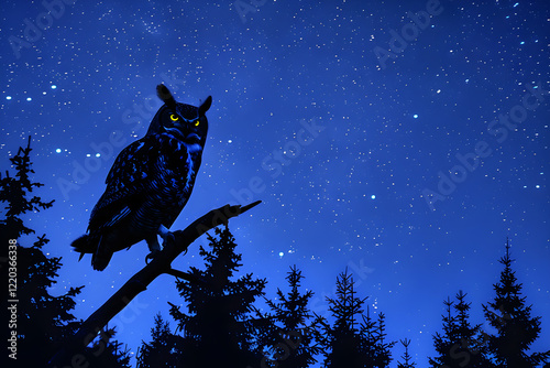 Majestic Night Owl Asserting Dominance in the Dead of the Night Under a Starry Sky photo