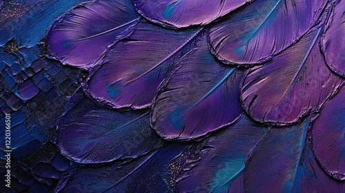 Textured close-up of vibrant purple and blue peacock feathers, emphasizing their quills and intricate details