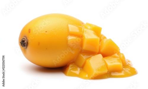 Ripe mango with fresh cut pieces photo