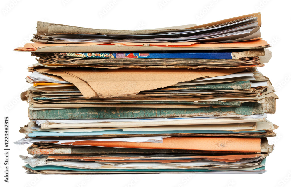 Stacked papers indicate office disarray, cut out - stock png. Stacked papers indicate office disarray, cut out - stock png.