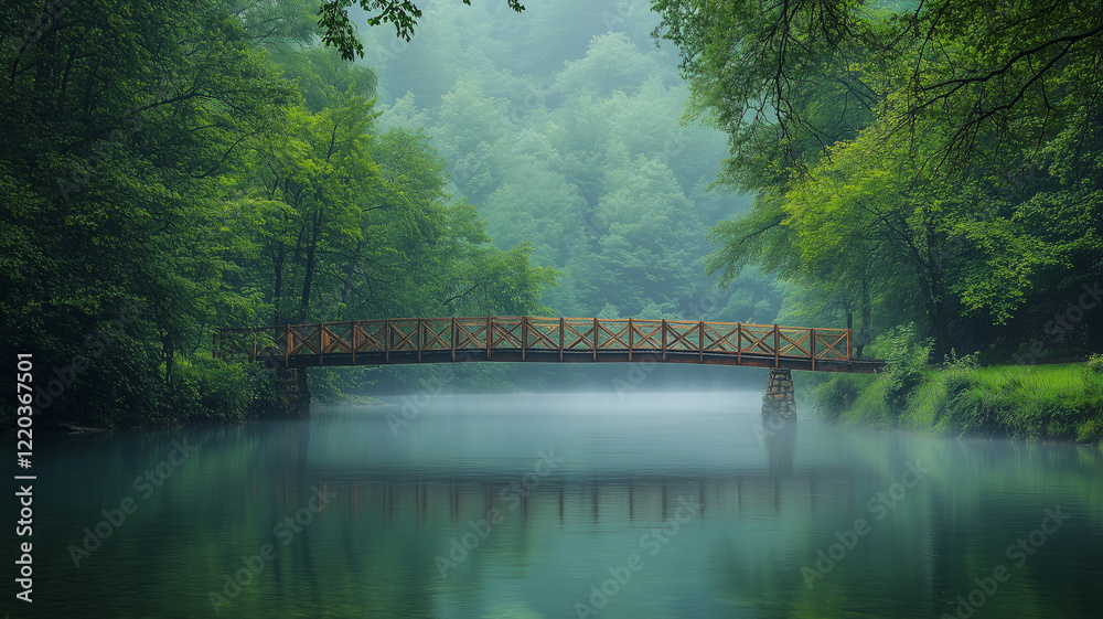 Fototapeta premium Misty Forest River with Wooden Bridge Path