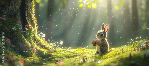 Adorable Bunny Holds Easter Eggs in Magical Forest Springtime Wonderland photo