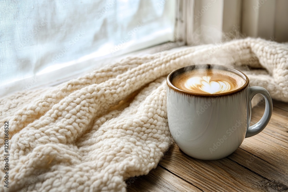 Cozy coffee cup with heart latte art on wooden surface Cozy coffee cup with heart latte art on wooden surface