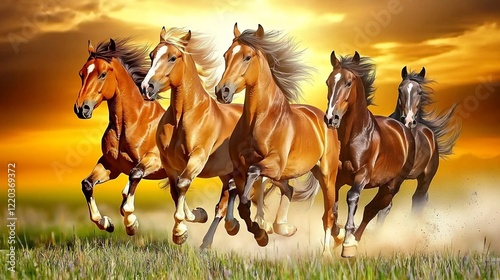 A dynamic group of five horses galloping across a field at sunset with golden sky