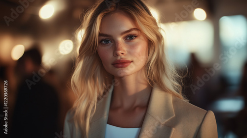 Wallpaper Mural A blonde supermodel walking the runway for high-fashion brand Zecho, wearing an elegant beige blazer and white top. Ai generated Torontodigital.ca