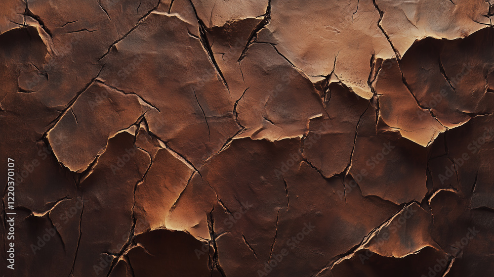 Fototapeta premium Close-Up of Cracked Earth Texture in Rich Brown Tones, Featuring Fine Fissures and Abstract Patterns.