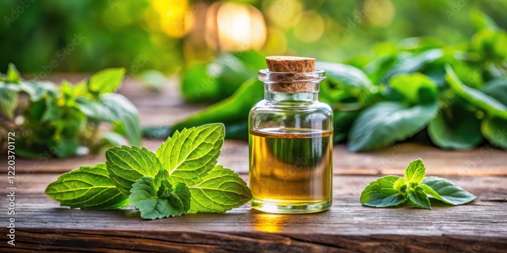 Aromatic oil in a glass bottle placed on a wooden table with a few fresh patchouli leaves and herbs nearby, home decor, natural ingredients Aromatic oil in a glass bottle placed on a wooden table with a few fresh patchouli leaves and herbs nearby, home decor, natural ingredients