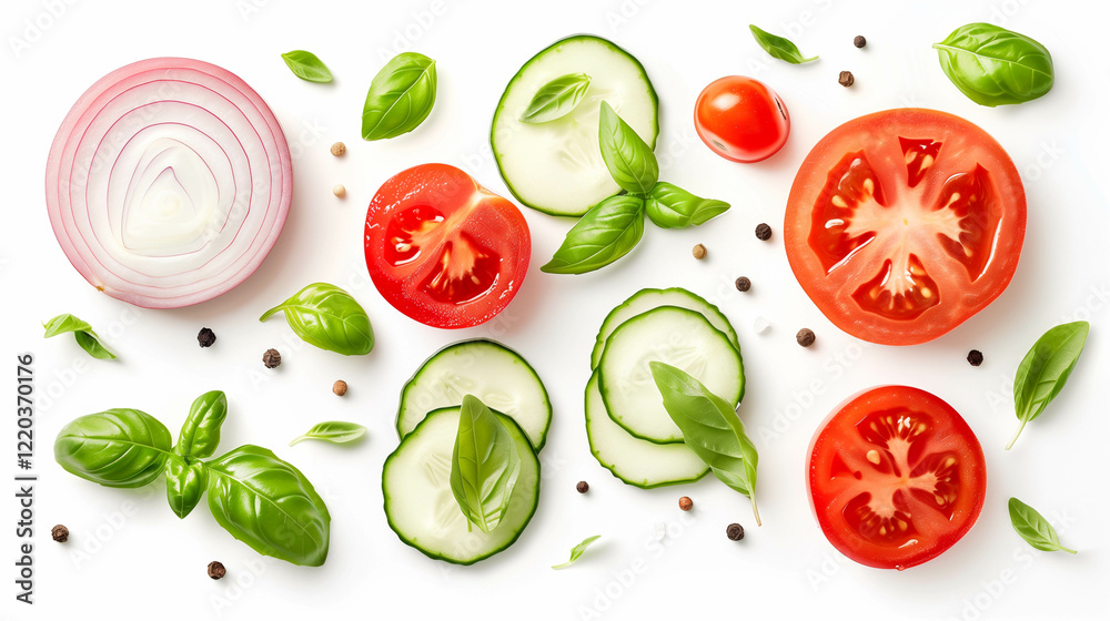 Tomato slice, onion, cucumber, basil leaves. Flat lay, top view vegetables food isolated on white background. Tomato slice, onion, cucumber, basil leaves. Flat lay, top view vegetables food isolated on white background.