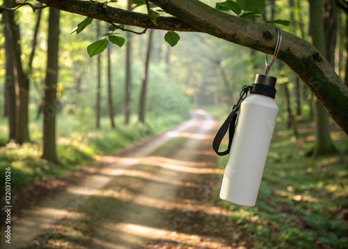 White Water Bottle Hangs from Branch in Sunny Forest photo