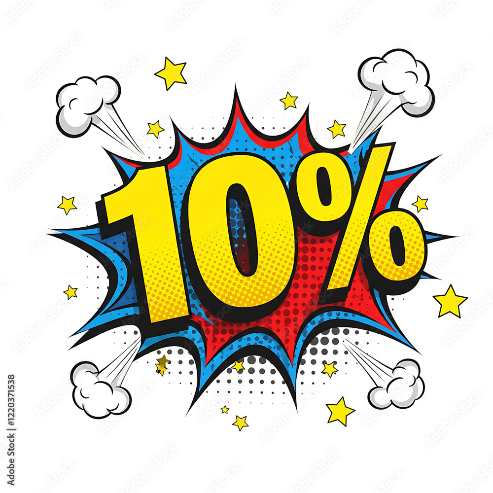 Vibrant Cartoon Explosion 10% With Halftone Dots and Speech Bubble On Transparent Background

