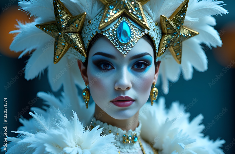 A stunning masked figure in vibrant blue, adorned with intricate gold details that shimmer beautifully