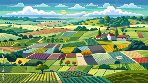 A patchwork of fields, typical of the English countryside on a sunny day in May