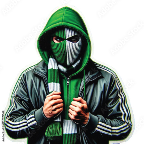 Ultras hooligan football supporters wearing balaclavas and hoodies, wearing football scarves on transparent background. Design for posters and stickers.