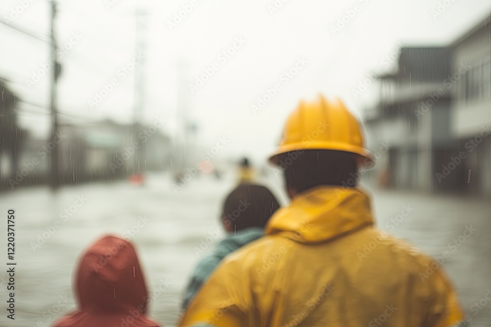 Resilient figures navigate flooded street, showcasing determinat Resilient figures navigate flooded street, showcasing determinat