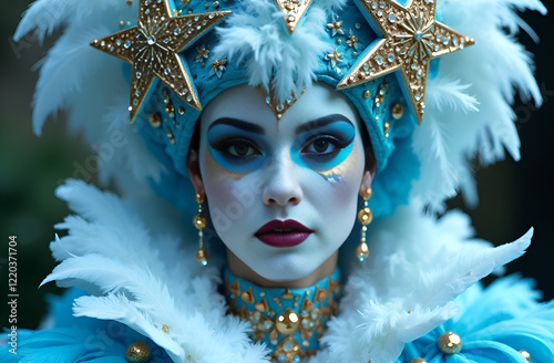 A stunning masked figure in vibrant blue, adorned with intricate gold details that shimmer beautifully