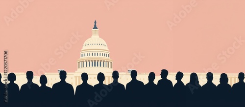A stylized digital illustration features a group of silhouetted people standing in front of the U.S. Capitol building, depicted in soft pastel tones with a minimalist and modern artistic style.