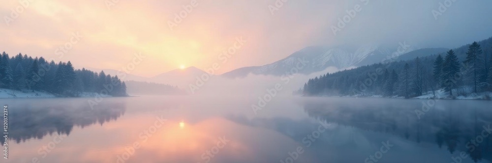 Dense fog envelops Baikal in December morning light, lake, serene, tranquil Dense fog envelops Baikal in December morning light, lake, serene, tranquil