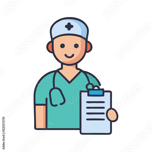 Nurse in scrubs holding clipboard