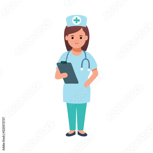 Nurse in scrubs holding clipboard, smiling