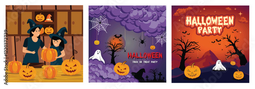 Happy Family preparing for Halloween. Night clouds and pumpkins. Glowing pumpkin on treat or trick fantasy fun party celebration.