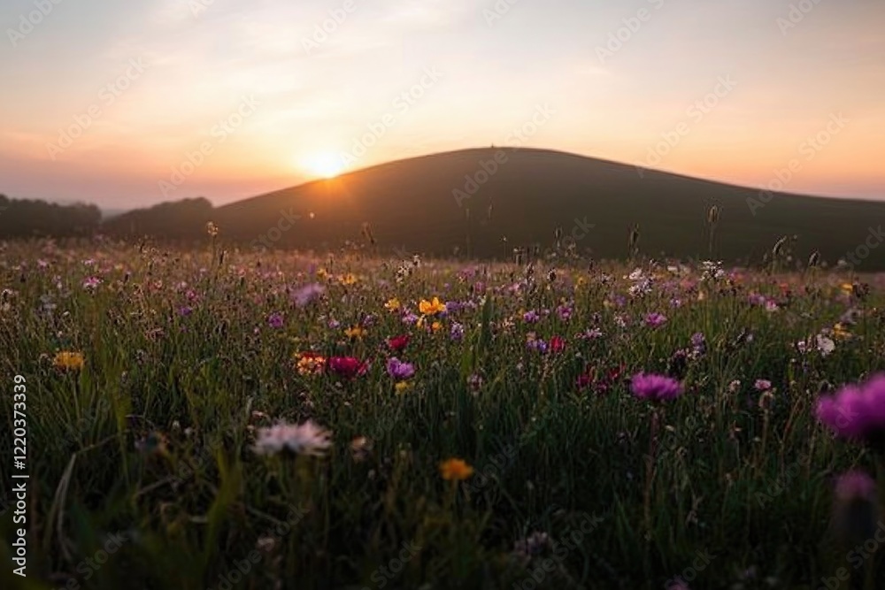 Obraz premium Vibrant wildflowers bloom under stunning sunset, illuminating ro
