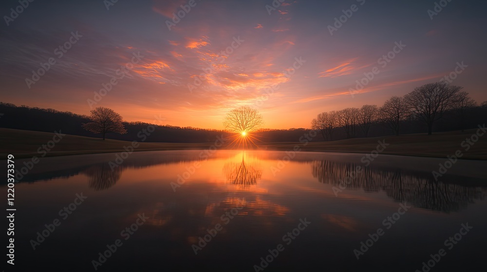 Fototapeta premium Stunning sunset over tranquil water reflects vibrant colors and