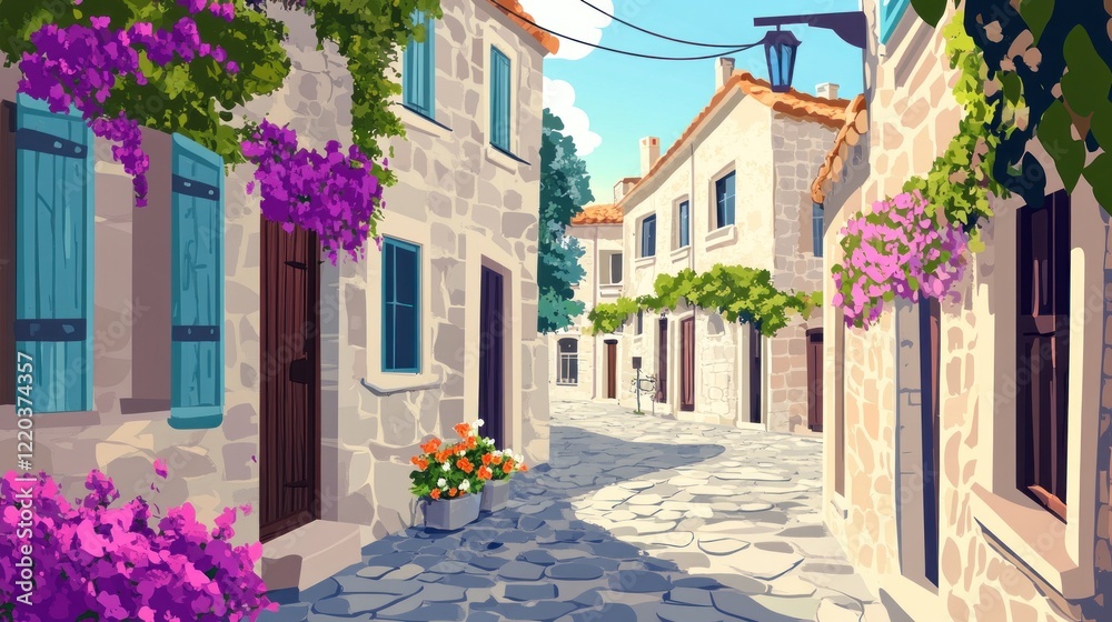 Fototapeta premium Sunny cobblestone street in a charming European village with colorful flowers and traditional houses.