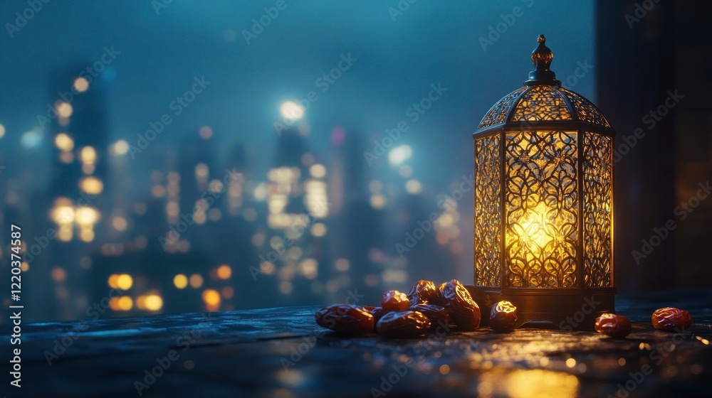 A golden lantern with intricate patterns, glowing softly inside its cage on the right side of the frame, surrounded by dates placed in front of it. Ramadan.