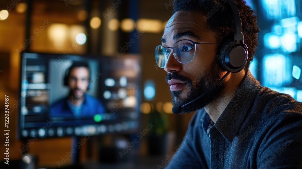 Fototapeta premium Nighttime Tech Support: Focused Professional on Video Conference