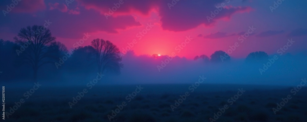 Fototapeta premium Dense fog rolls in with blue red smoke on a dark landscape, twilight, mystery