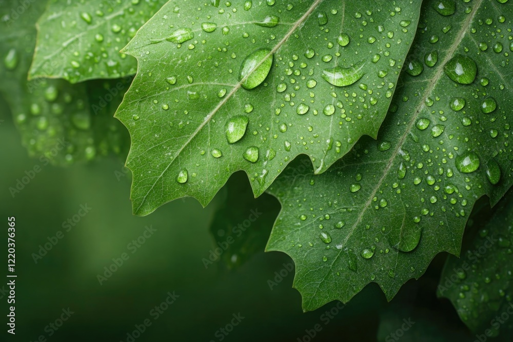Fototapeta premium Lush green leaves adorned with glistening water droplets create