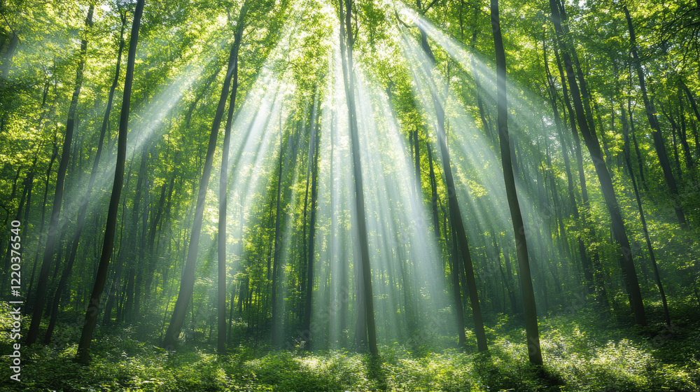 Obraz premium Reduced Anxiety, A serene forest scene illuminated by sunlight, showcasing nature's tranquility and beauty, ideal for high-fidelity visual projects.