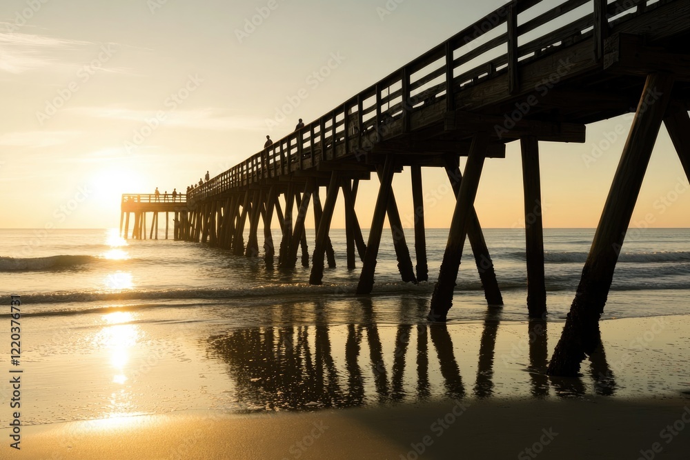 Golden sunset reflecting on water, wooden pier leading to horizo Golden sunset reflecting on water, wooden pier leading to horizo