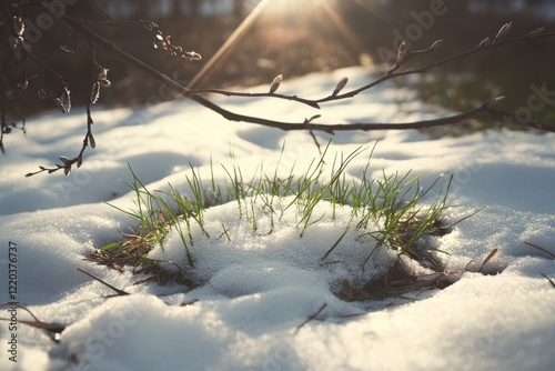 Green grass peeks through soft white snow, illuminated by warm s photo