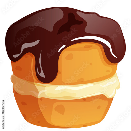 Authentic Boston Cream Pie Cupcake. Sponge Cake with Vanilla Custard Filling and Chocolate Glaze on Top. Confectionery Pastry Vector Art