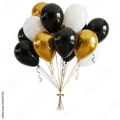 An elegant cluster of black, white, and gold balloons tied with satin ribbons ideal for luxurious celebrations on a white background