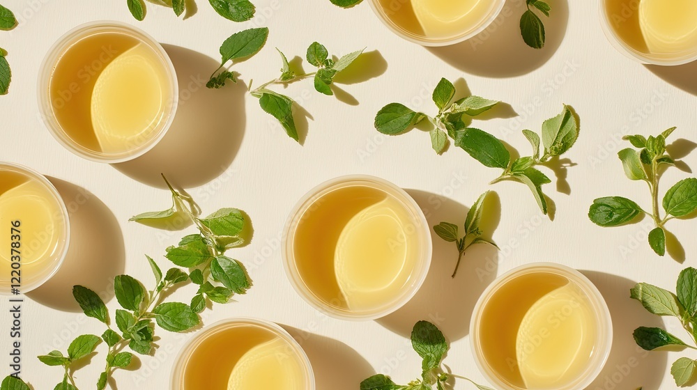 Fototapeta premium A minimalist flat lay of fresh herbal teas in small cups surrounded by loose tea leaves.