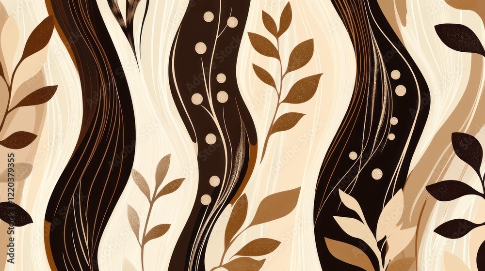 Fototapeta premium Abstract autumnal leaves and wavy lines seamless pattern.