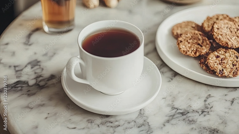 A serene kitchen table featuring a cup of ginger tea and a plate of light, healthy snacks. A serene kitchen table featuring a cup of ginger tea and a plate of light, healthy snacks.