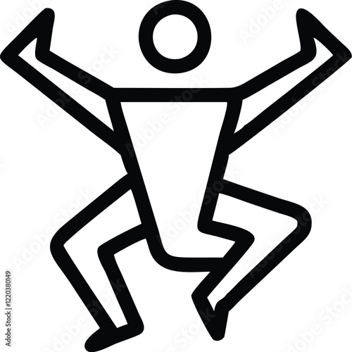 Minimalist stick figure drawing, triumphant pose, arms raised, dynamic motion lines, black and white illustration, simple geometric shapes, abstract human form, victory symbol, celebratory icon, bold 