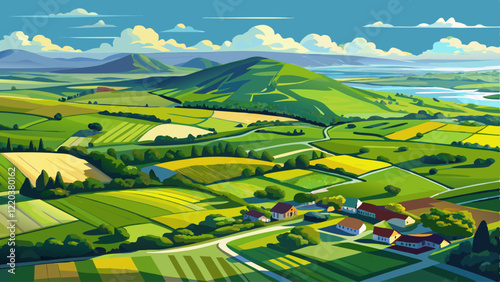 Aerial view of endless lush pastures and farmlands of Ireland. Beautiful Irish countryside with emerald green fields and meadows.