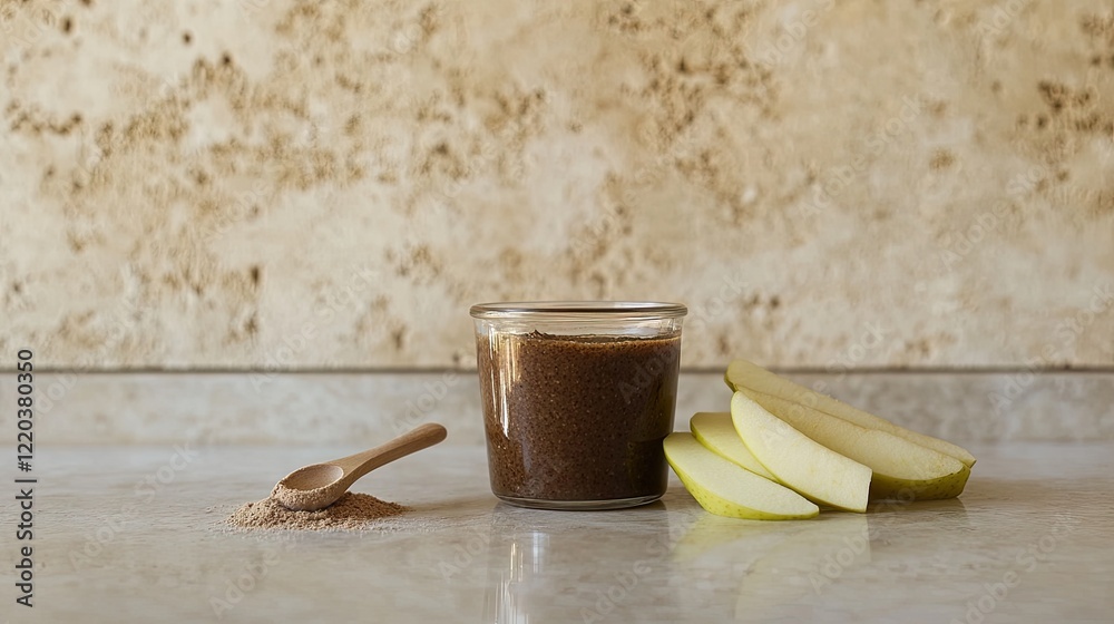 A shot of almond butter in a glass jar with fresh apple slices and a small wooden spoon beside it. A shot of almond butter in a glass jar with fresh apple slices and a small wooden spoon beside it.