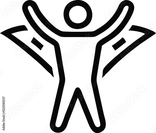 Minimalist stick figure drawing, triumphant pose, arms raised, dynamic motion lines, black and white illustration, simple geometric shapes, abstract human form, victory symbol, celebratory icon, bold 