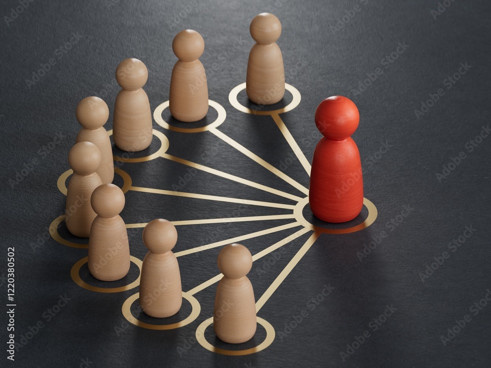Obraz premium All for one. Teamwork. It is a stick figure.Organized groups managed by a leader.Leadership with business success concept.3D rendering on black background.