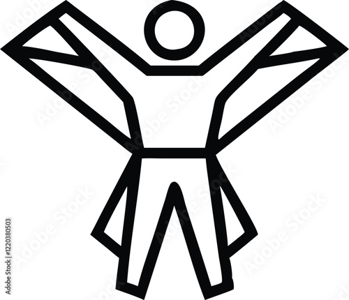 Minimalist stick figure drawing, triumphant pose, arms raised, dynamic motion lines, black and white illustration, simple geometric shapes, abstract human form, victory symbol, celebratory icon, bold 