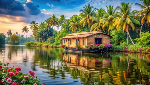Houseboat floating on serene backwaters of Alappuzha with lush greenery and vibrant flowers, serenity, tranquil