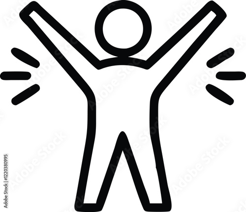 Minimalist stick figure drawing, triumphant pose, arms raised, dynamic motion lines, black and white illustration, simple geometric shapes, abstract human form, victory symbol, celebratory icon, bold 