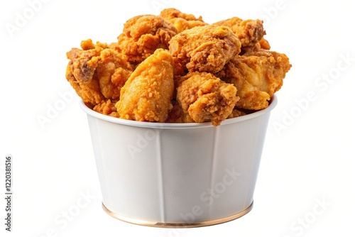 Crispy Fried Chicken in Paper Bucket - Isolated on White Background Stock Photo