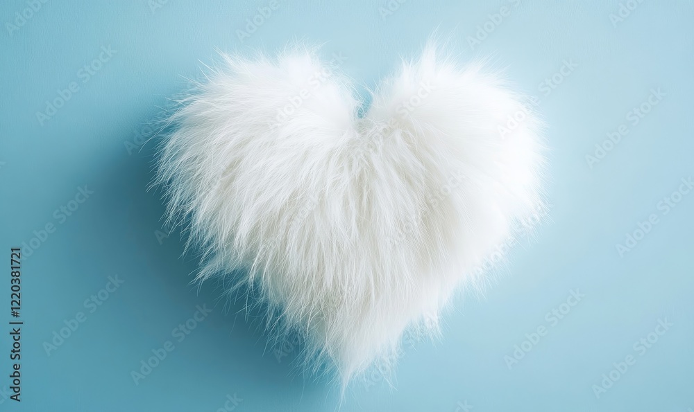 Fluffy White Fur Heart Shape on Baby Blue Minimal Background, Soft Texture, Love and Comfort Theme, Valentine's Day, Romantic Decor, Cozy Feel, Unique Stock Image, Generative AI